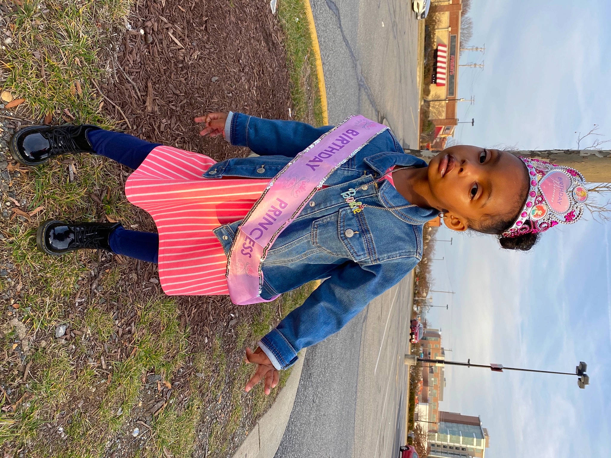 Autumn is registered to the contest to win money with this photo: blue, child, cloud, denim, electric_blue, facade, fun, happy, leisure, magenta, pattern, pedestrian, person, sky, street_fashion, street_light, textile, toddler, travel, walking_shoe