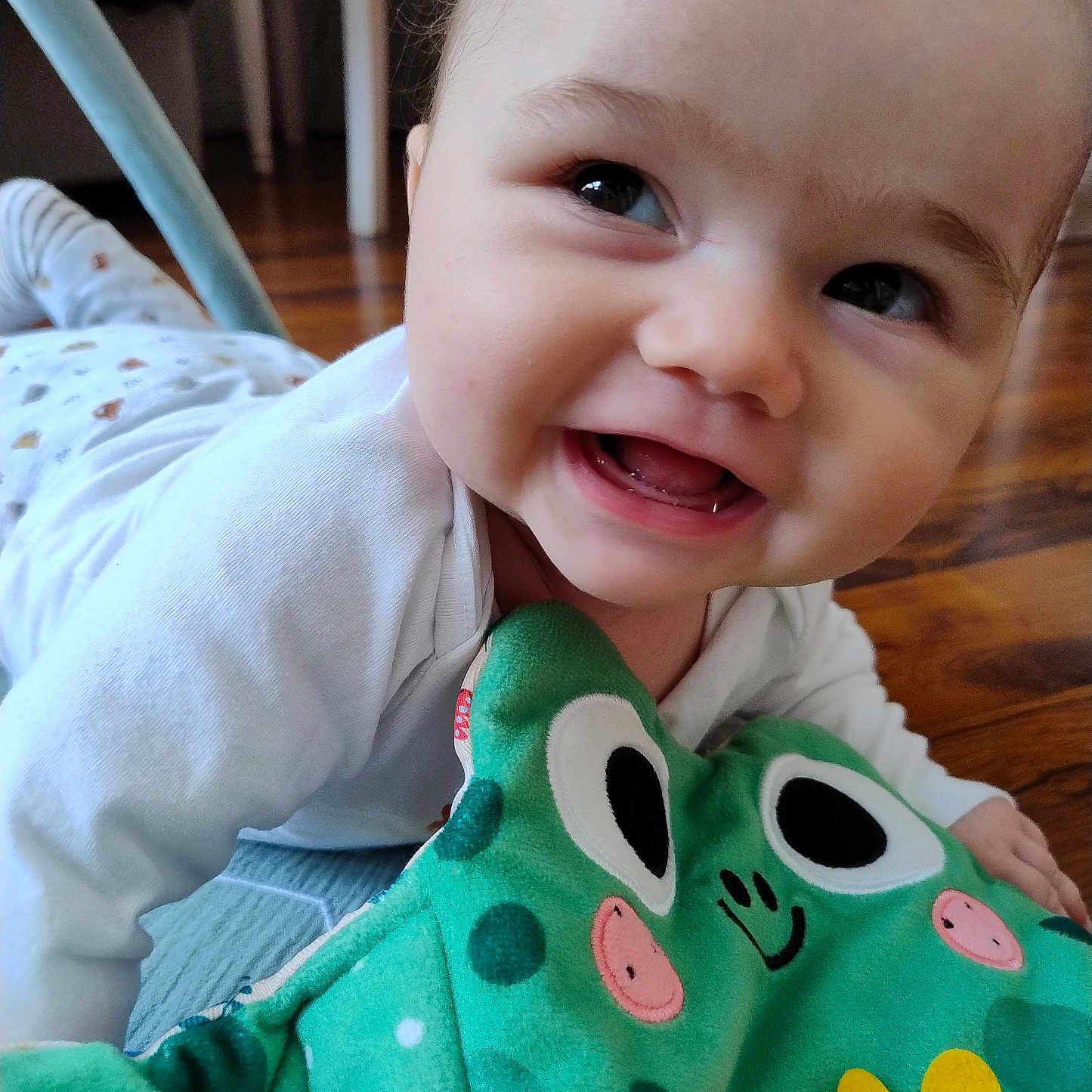 Lenny participe au concours pour gagner de l'argent avec cette photo : baby, child, closeup, clothing, cute, expression, face, floor, frog_toy, happy, head, indoors, infant, person, playtime, plush_toy, smiling, toddler, toy, white_shirt