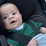 baby, child, car_seat, seatbelt, green_shirt, infant, smiling, portrait, face, eyes, hand, clothing, safety, seat, cute, person, young, baby_boy, closeup, indoors
