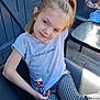 Yuna participe au concours pour gagner de l'argent avec cette photo : child, girl, candy, sitting, black_chair, plaid_pants, ponytail, smiling, outdoor, glass_table, window, door, blue, white_shirt, patterned_clothing, relaxing, person, daylight, casual, happy