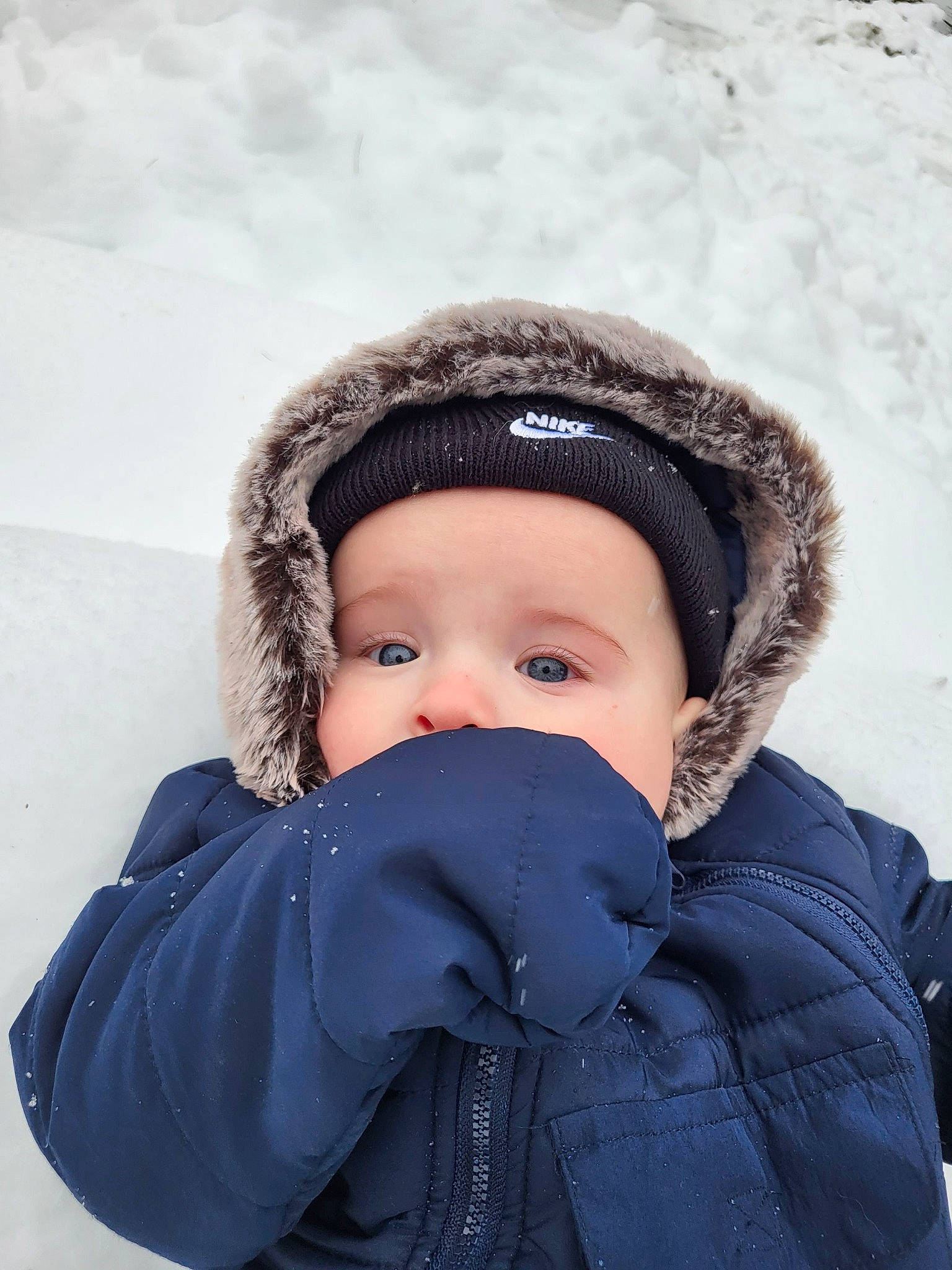 Jax joined the competition — help win amazing prizes! baby, baby_toddler_clothing, beanie, cap, cheek, child, electric_blue, freezing, fur, glove, happy, headwear, jacket, knit_cap, parka, person, sleeve, snow, toddler, tree
