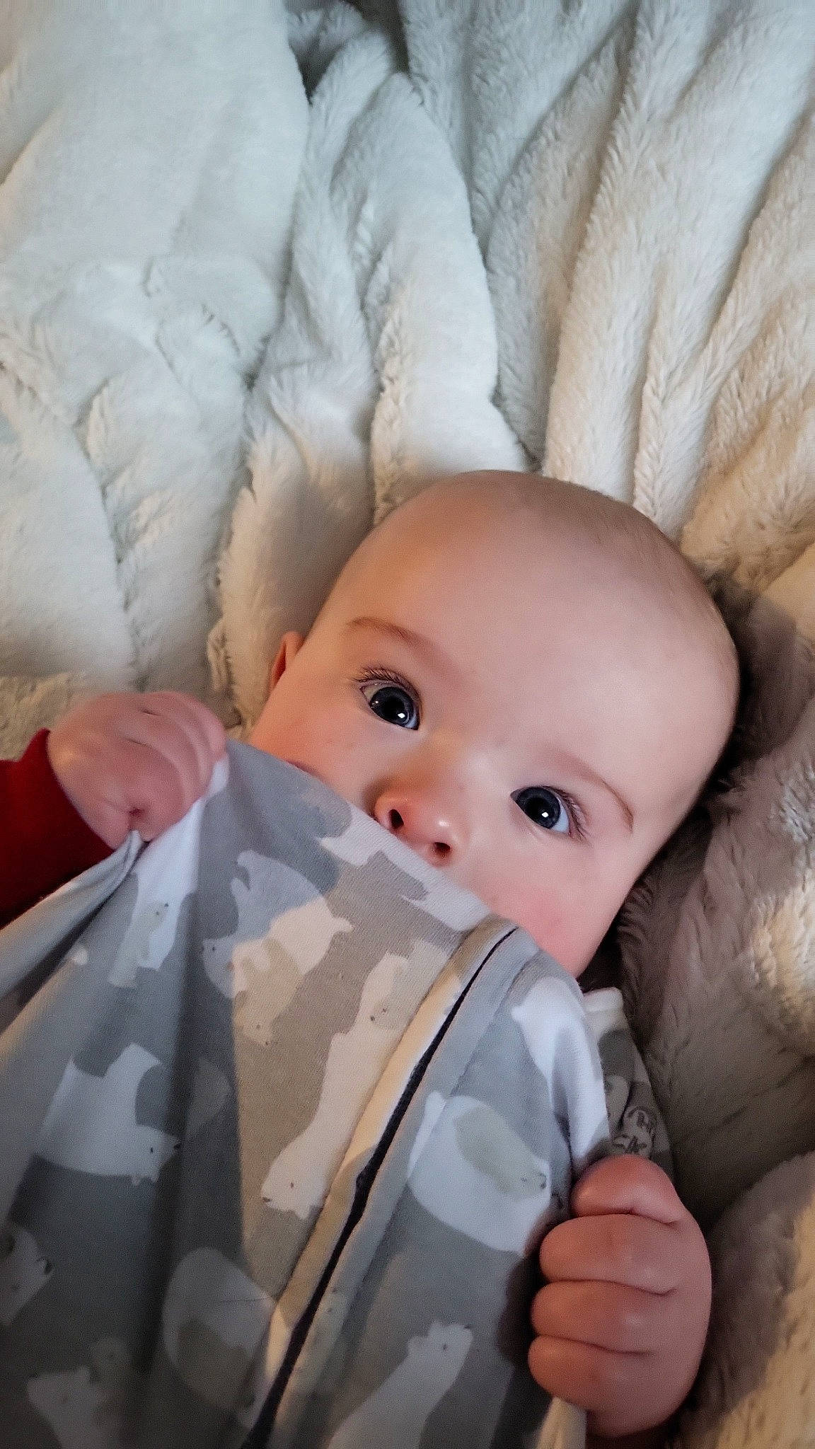 Jax is registered to the contest to win money with this photo: baby, baby_toddler_clothing, cheek, chin, comfort, eye, eyebrow, eyelash, face, finger, gesture, head, iris, linens, lip, nose, person, skin, sleeve, textile