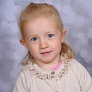 Ellamae is registered to the contest to win money with this photo: child, toddler, portrait, blonde_hair, blue_eyes, sweater, curly_hair, cute, smile, face, person, indoor, studio, buttoned_sweater, young_child, kid, fashion, closeup, background_blur, light