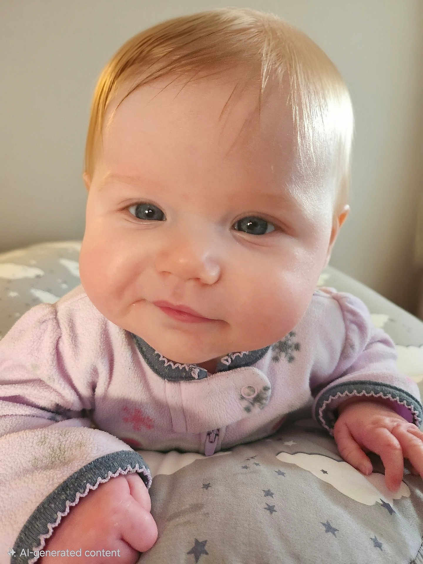 Layla joined the competition — help win amazing prizes! baby, infant, face, eyes, hand, pink_clothing, cushion, star_pattern, soft_texture, close_up, portrait, child, cute, indoors, light_skin, blonde_hair, smile, young_child, baby_girl, cozy