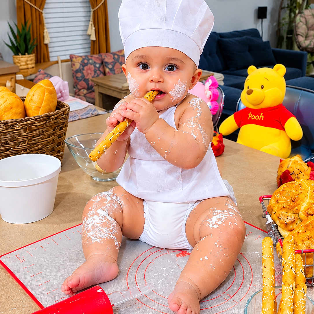 Jumana is registered to the contest to win money with this photo: baby, child, chef_hat, baking, bread, breadsticks, flour, kitchen, indoor, sitting, smiling, eating, food, winnie_the_pooh, stuffed_toy, rolling_pin, basket, table, portrait, playful