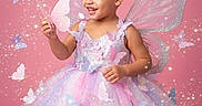 Estelle joined the competition — help win amazing prizes! child, girl, princess, fairy, dress, butterfly, tiara, glitter, sparkle, magic, pink_background, smile, happy, costume, wings, tulle, sparkles, portrait, cute, fantasy