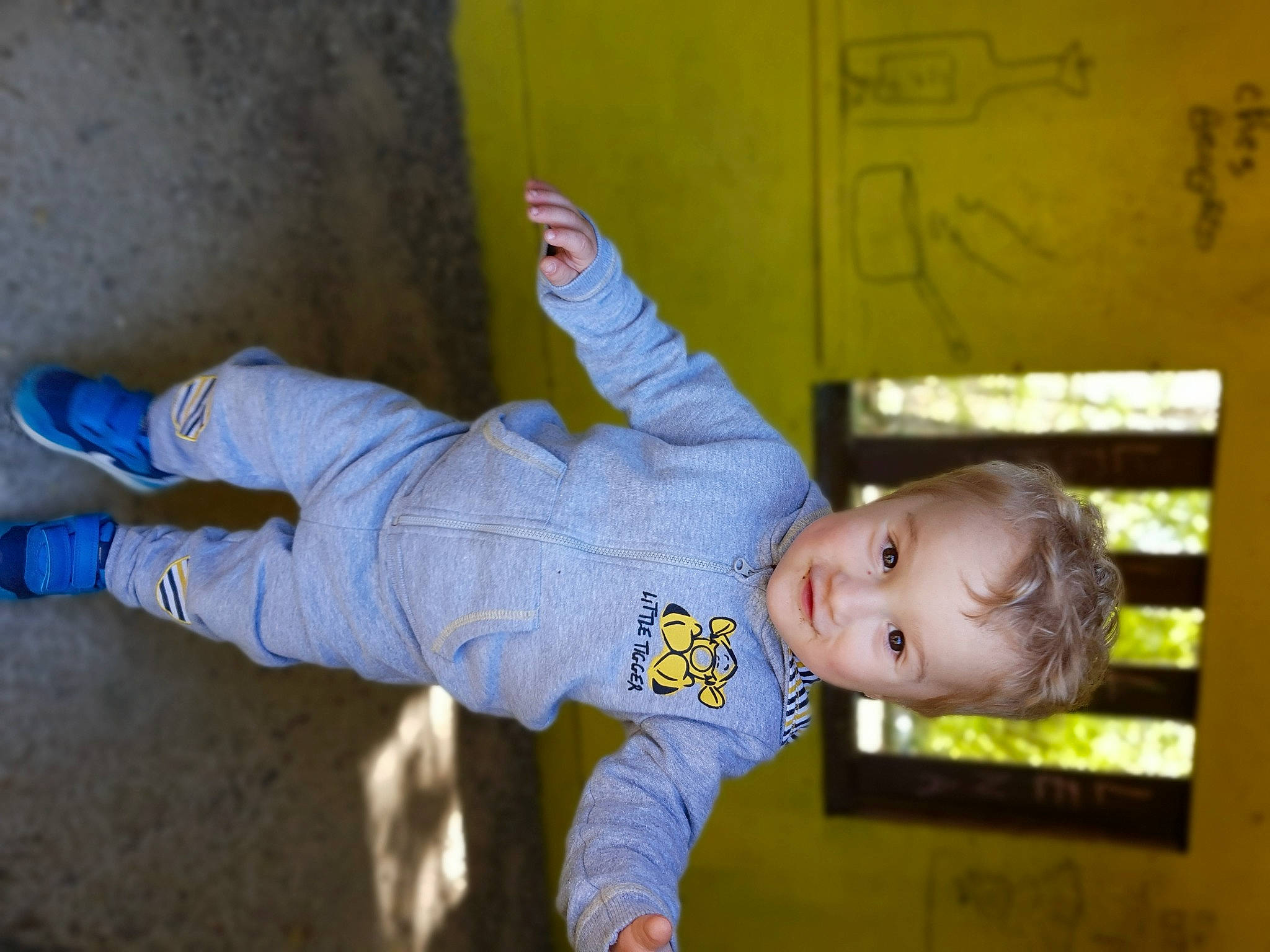 Noam participe au concours pour gagner de l'argent avec cette photo : baby, baby_products, baby_toddler_clothing, child, comfort, flash_photography, flooring, fun, grass, happy, joy, person, plant, room, sitting, sleeve, smile, suit, toddler, tree