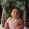 Rayla is registered to the contest to win money with this photo: baby, camo_pattern, child, curious, expression, face, feeding, food, hands, high_chair, indoor, infant, mess, messy, pink_clothing, portrait, seat, spoon, table, young_child