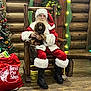 Indy joined the competition — help win amazing prizes! santa_claus, dog, christmas_tree, holiday_decor, wooden_chair, gift_bag, lights, festive, beard, red_suit, boots, log_cabin_wall, wreath, indoor, pet, polka_dot_bandana, flooring, seasonal, smiling, portrait