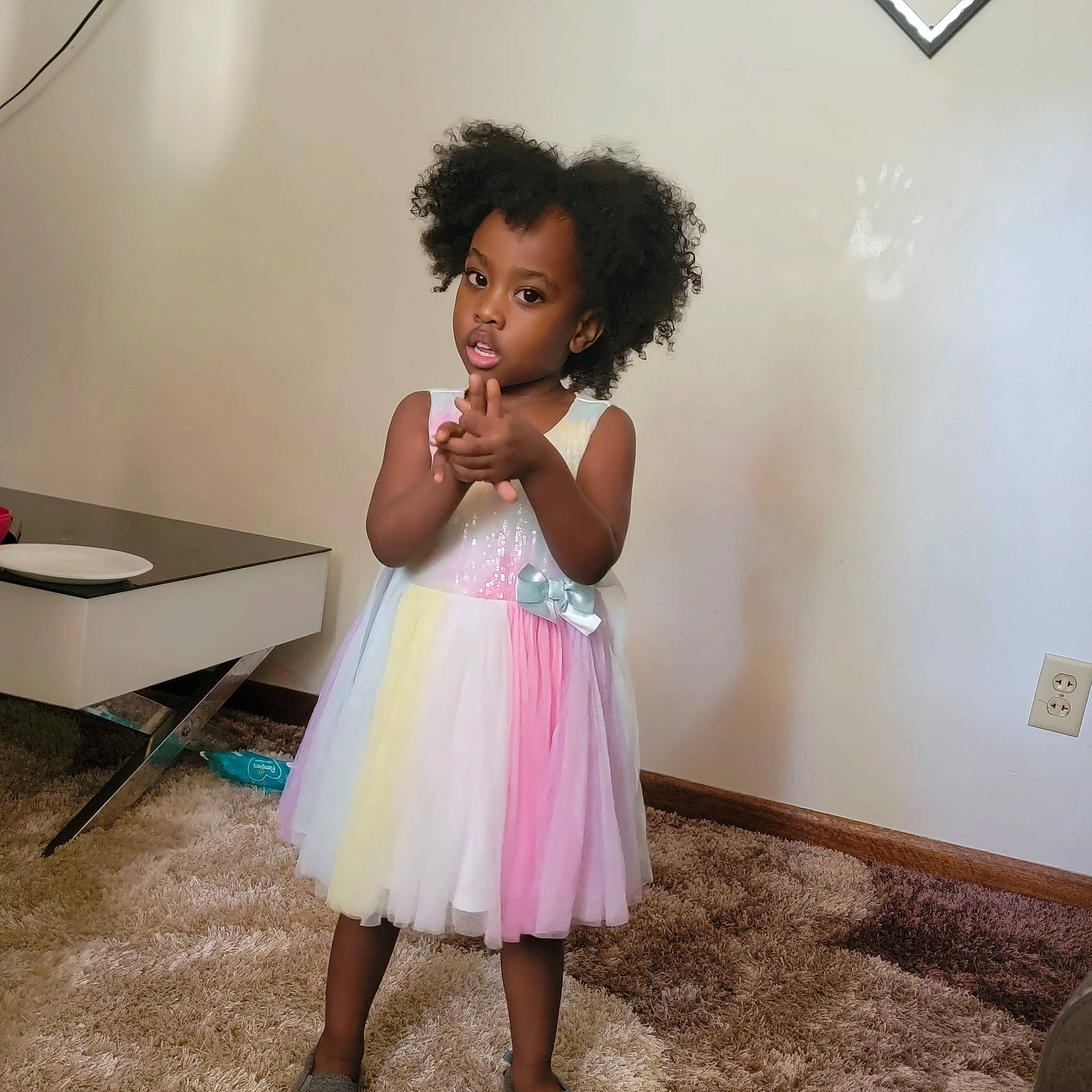 Joanna joined the competition — help win amazing prizes! baby_toddler_clothing, child, day_dress, dress, fashion_design, flash_photography, flooring, fun, gesture, hair, happy, magenta, one_piece_garment, person, pink, room, skin, smile, table, toddler