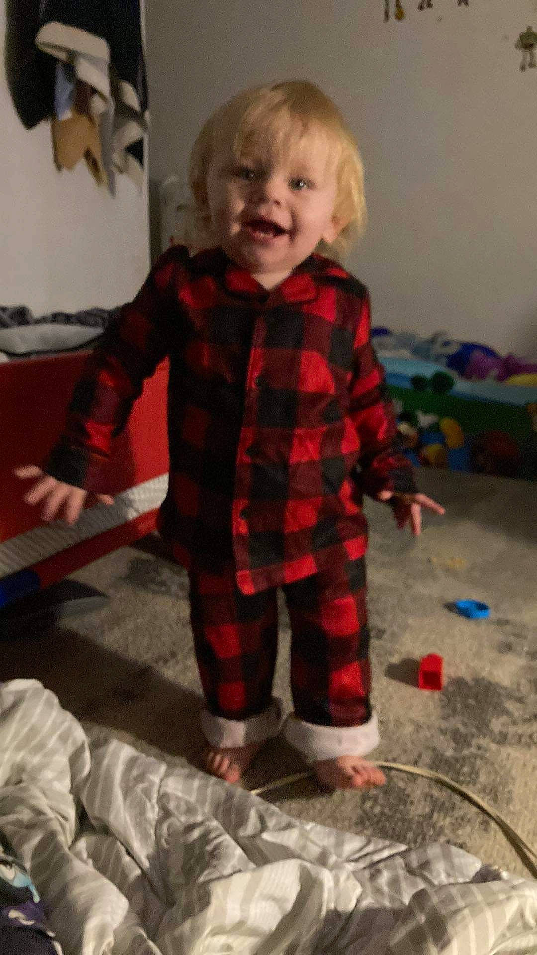 Donald joined the competition — help win amazing prizes! baby, baby_toddler_clothing, child, costume, flooring, fun, fur, linens, nightwear, pajamas, pattern, person, plaid, play, room, sitting, sleeve, smile, spider_man, tartan
