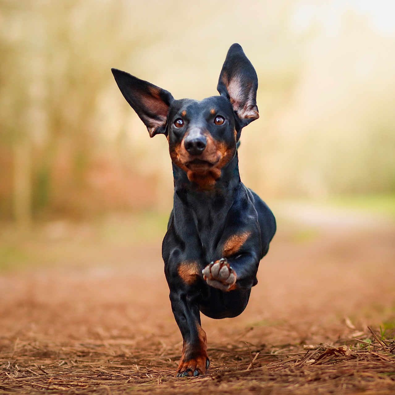 Tahiti participe au concours pour gagner de l'argent avec cette photo : active, animal, black, blurred_background, brown, canine, closeup, dachshund, daylight, dog, ears, energetic, forest, happy, motion, nature, outdoor, path, pet, running