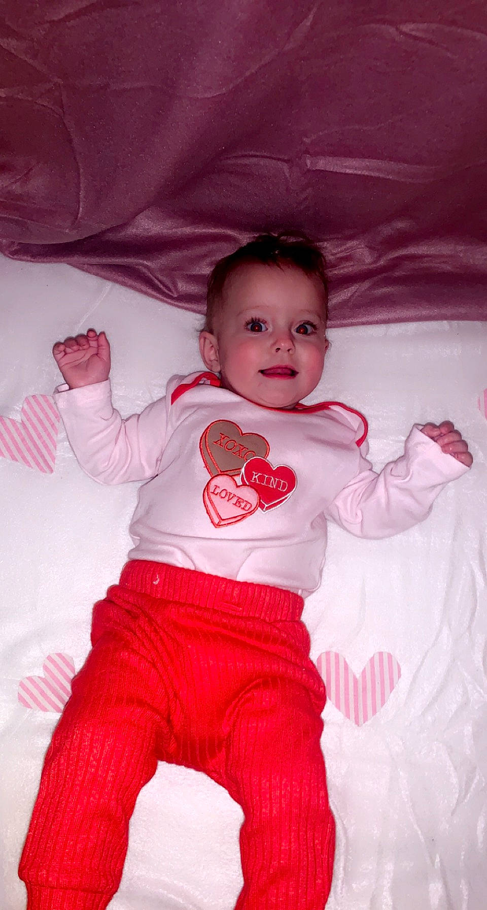 Raylee joined the competition — help win amazing prizes! baby, baby_toddler_clothing, cheek, comfort, cool, finger, flash_photography, fun, gesture, happy, magenta, organ, person, pink, red, skin, sleeve, smile, textile, toddler