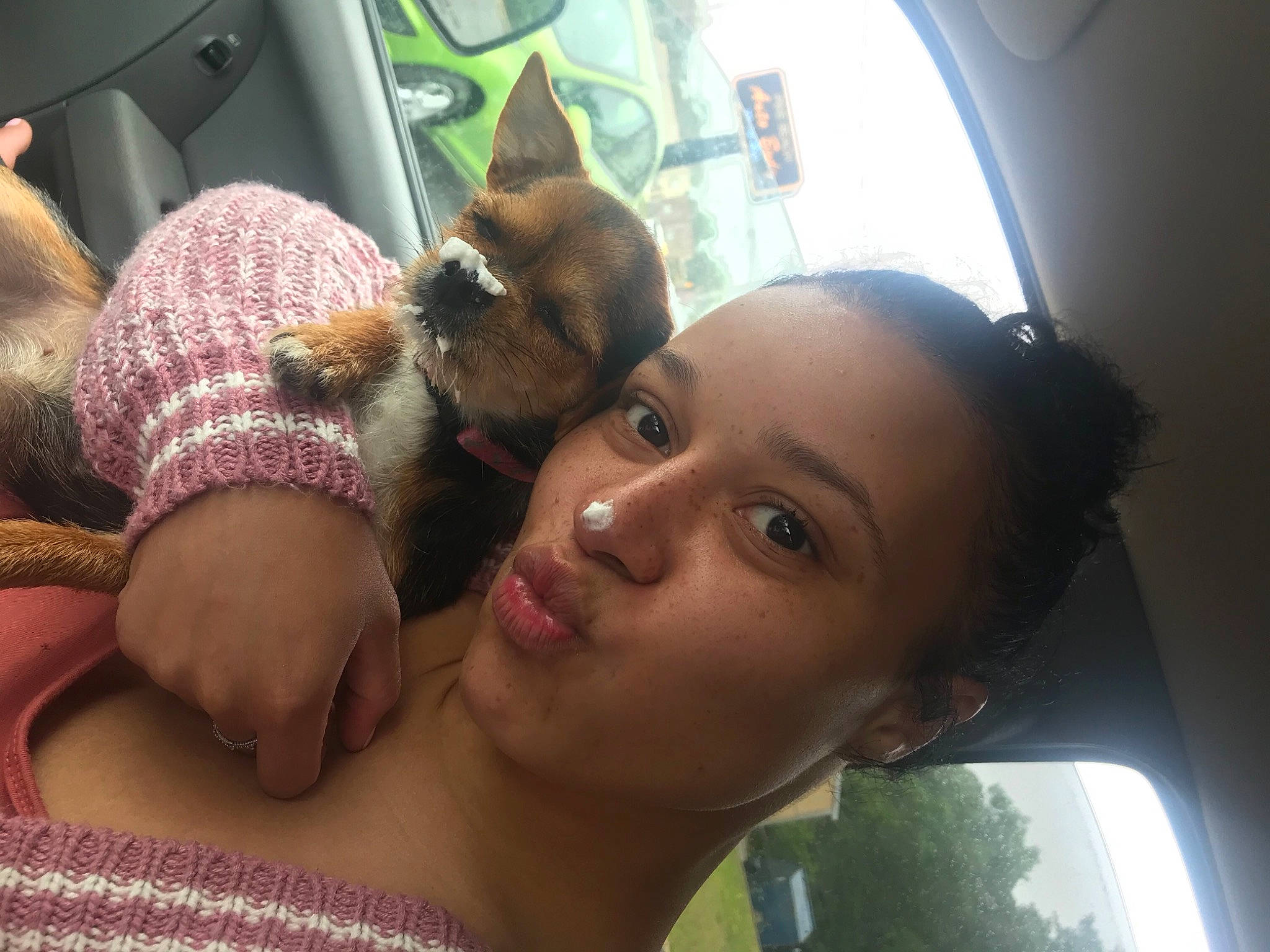 Mamacita is registered to the contest to win money with this photo: automotive_window_part, black_hair, car_seat, comfort, eyebrow, glass, head_restraint, jaw, nail, passenger, puppy_love, selfie, skin, stuffed_toy, sweater, throat, tints_and_shades, vehicle_door