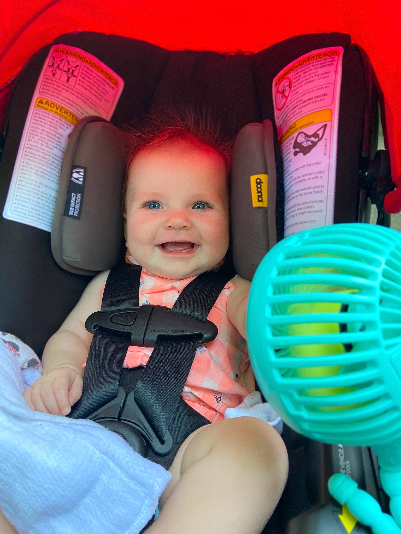 Crimson is registered to the contest to win money with this photo: auto_part, baby, baby_in_car_seat, baby_toddler_clothing, blue, car_seat, child, comfort, electric_blue, fun, happy, headgear, joy, orange, person, personal_protective_equipment, red, smile, snapshot, toddler
