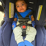 Kevin is registered to the contest to win money with this photo: baby, car_seat, blue_clothing, mittens, straps, infant, child, seatbelt, sitting, cute, face, portrait, clothing, indoor, young_child, safety, expression, person, footwear, closeup