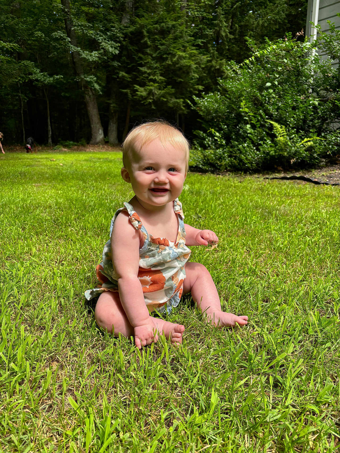 Ava-Lee joined the competition — help win amazing prizes! baby, child, grass, outdoor, greenery, smile, sunlight, nature, trees, bushes, happy, sitting, romper, blonde_hair, person, portrait, summer, cute, innocence, playful