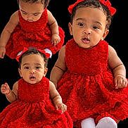 Maliah is registered to the contest to win money with this photo: babies, children, triplets, infants, siblings, portrait, studio_photo, red_dresses, matching_outfits, hair_bows, curly_hair, smiling, sitting, white_socks, black_background, close_up, fashion, family, adorable, professional_lighting