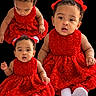 babies, children, triplets, infants, siblings, portrait, studio_photo, red_dresses, matching_outfits, hair_bows, curly_hair, smiling, sitting, white_socks, black_background, close_up, fashion, family, adorable, professional_lighting