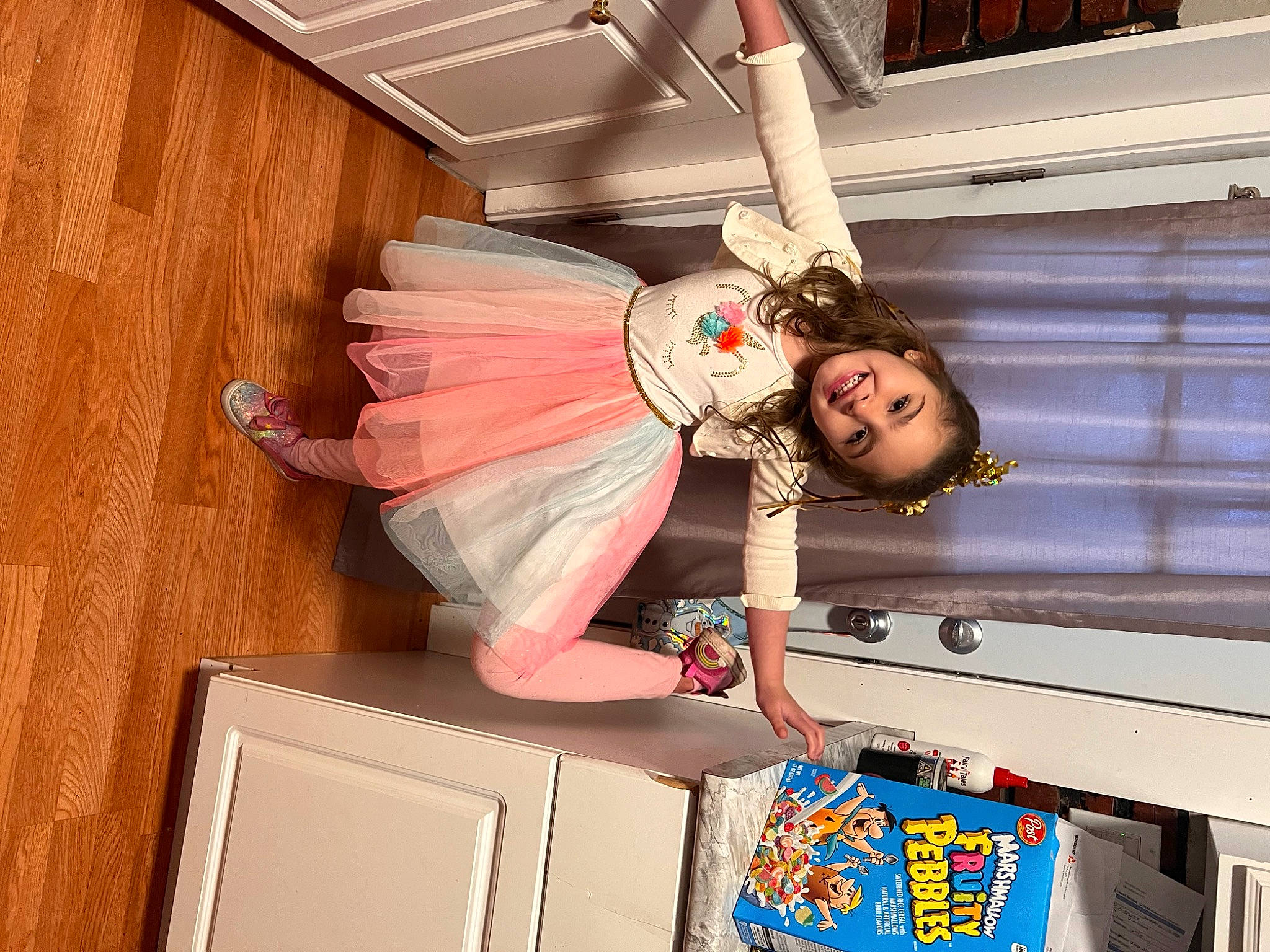 Brina is registered to the contest to win money with this photo: blond, fashion_design, fun, happy, hardwood, human_leg, joy, peach, person, room, thigh, waist, wood