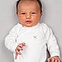 baby, infant, newborn, white_onesie, floral_print, face, hands, curious, lying_down, soft_background, skin, head, expression, portrait, cute, small_fingers, person, child, indoors, closeup