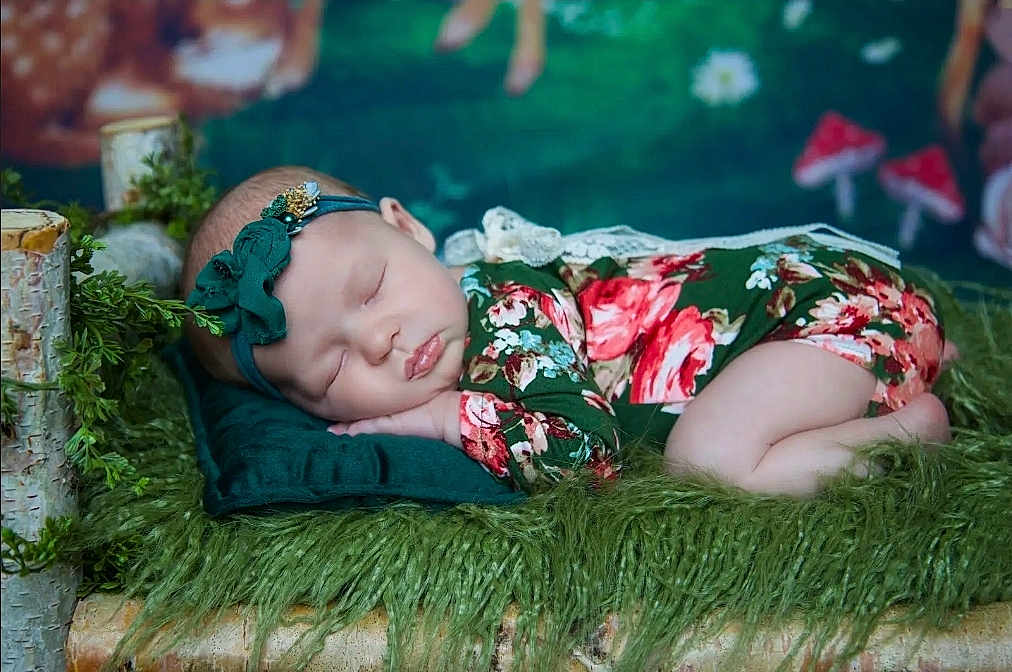 Remmie is registered to the contest to win money with this photo: baby, sleeping, floral_outfit, headband, green, pillow, fur, forest_theme, background, peaceful, infant, cute, portrait, child, nature, decor, soft_texture, resting, newborn, cozy