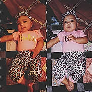 Nylah Bond is registered to the contest to win money with this photo: baby, bed, blanket, child, close_up, comparison, cute, facial_expression, fashion, headband, indoors, infant, leopard_print, lying_down, matching_outfit, pink_shirt, portrait, side_by_side, smiling, textile