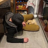 dog, person, kitchen, floor, cushion, sleeping, indoors, home, furniture, chair, table, cabinet, drawer, groceries, vegetables, towel, tile, reflection, cozy, humorous