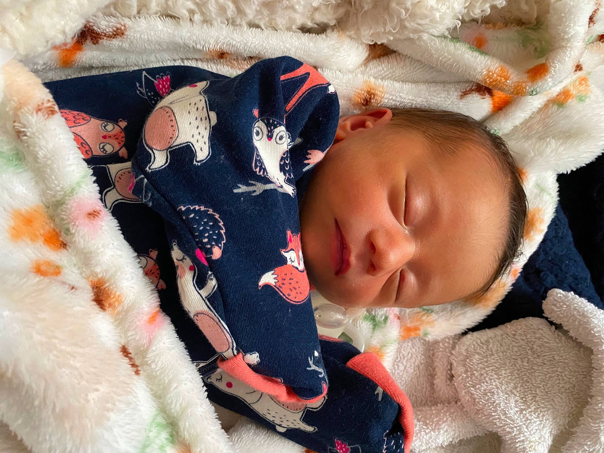 Franziska is registered to the contest to win money with this photo: baby, baby_products, baby_sleeping, baby_toddler_clothing, cheek, child, close_up, clothing, comfort, eye, face, fur, linens, mammal, nose, orange, outerwear, person, skin, sleeve