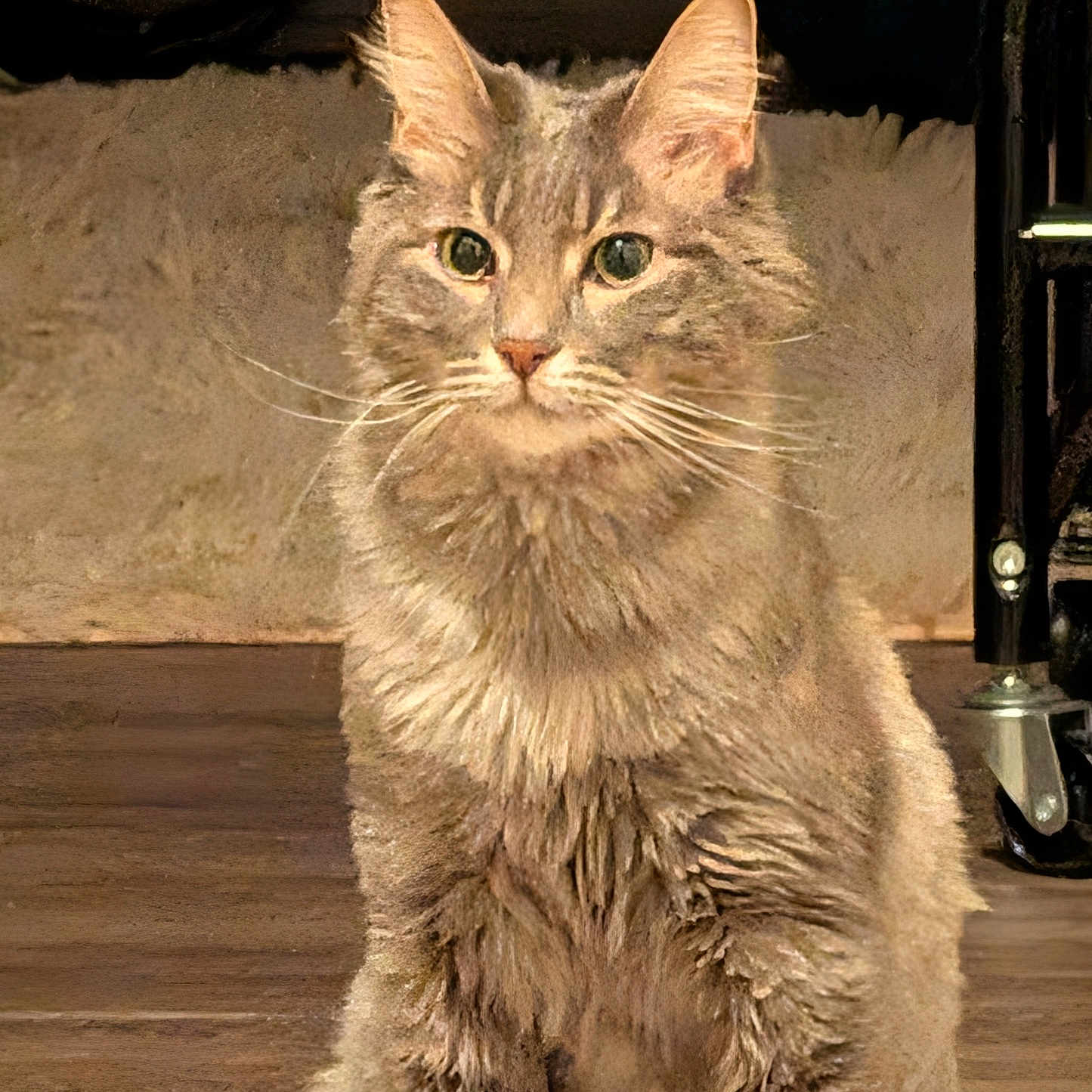 Grayson Robertson is registered to the contest to win money with this photo: cat, close_up, curious, domestic_animal, ears, fluffy_fur, furniture, gray_cat, green_eyes, indoor, long_hair, mammal, paw, pet, portrait, sitting, tabby, wheel, whiskers, wooden_floor