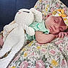 baby, blanket, bunny, child, comfort, cozy, cute, fabric, floral, green, headband, indoors, peaceful, pink, plush_toy, resting, sleeping, soft, toy, yellow