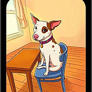 Rexou participe au concours pour gagner de l'argent avec cette photo : dog, cartoon, illustration, chair, table, window, floor, room, brown_spots, white_dog, collar, indoor, furniture, pet, sitting, wooden_floor, blue_chair, light_wall, pink_nose, ears
