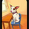 dog, cartoon, illustration, chair, table, window, floor, room, brown_spots, white_dog, collar, indoor, furniture, pet, sitting, wooden_floor, blue_chair, light_wall, pink_nose, ears