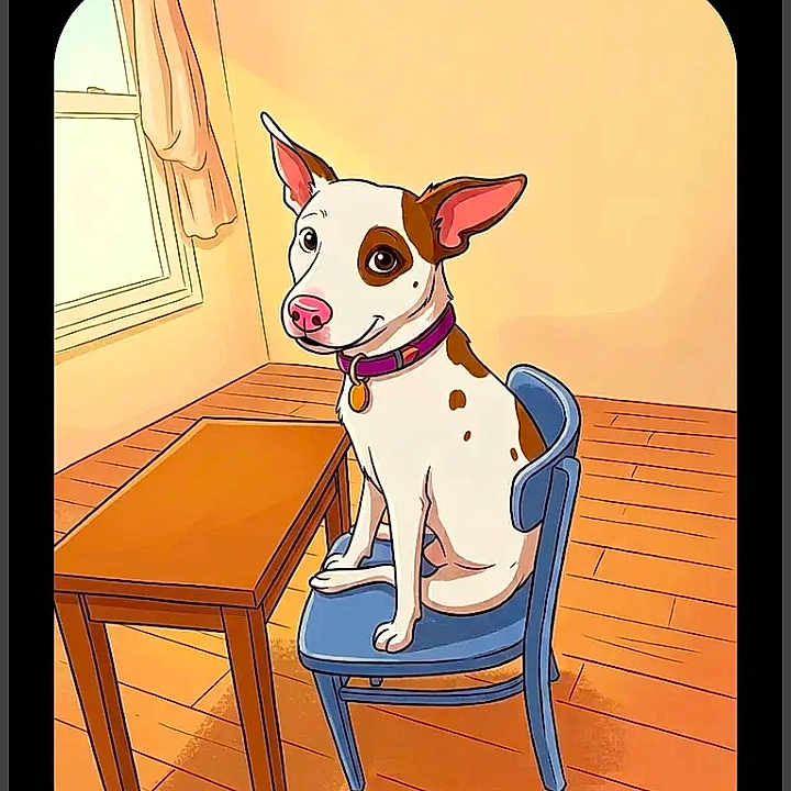 Rexou participe au concours pour gagner de l'argent avec cette photo : dog, cartoon, illustration, chair, table, window, floor, room, brown_spots, white_dog, collar, indoor, furniture, pet, sitting, wooden_floor, blue_chair, light_wall, pink_nose, ears