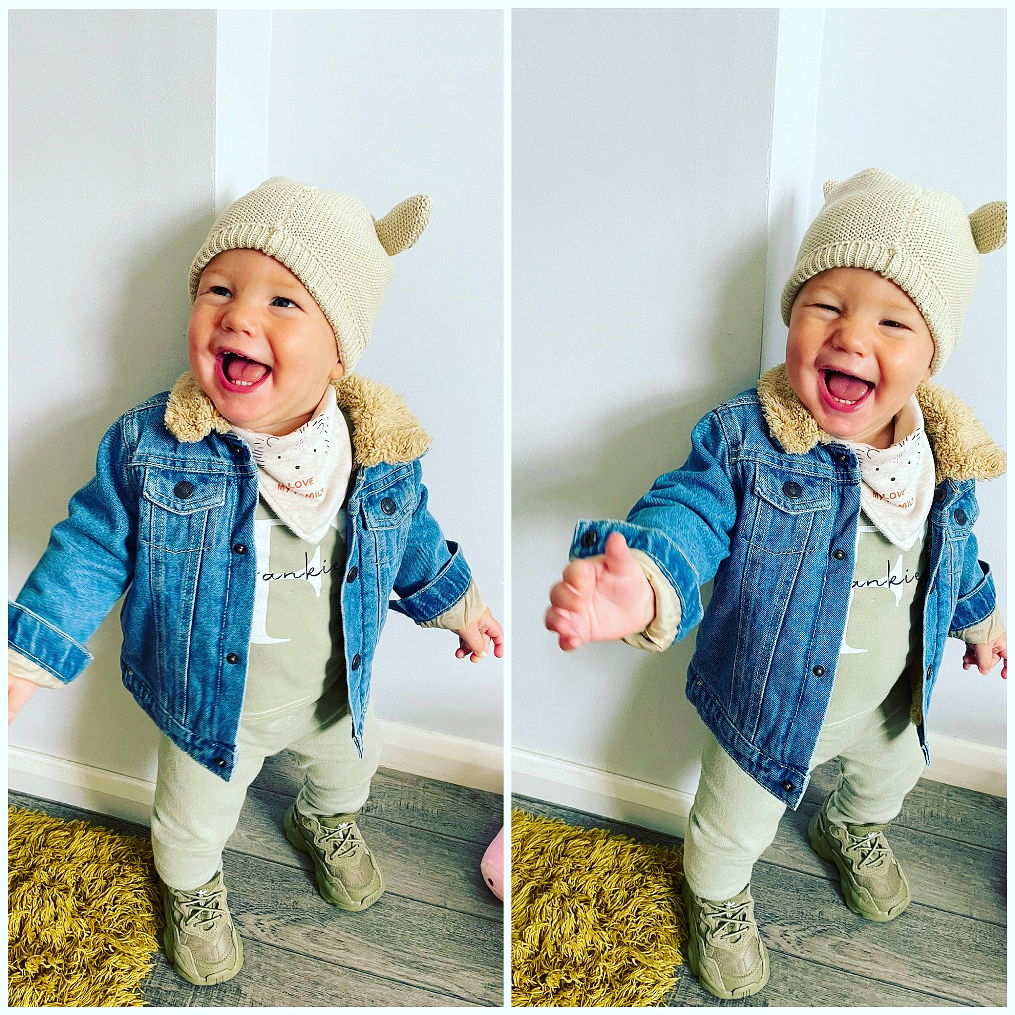 Frank is registered to the contest to win money with this photo: cap, child, clothing, cool, denim, electric_blue, fun, hand, happy, headgear, headwear, jacket, outerwear, person, photograph, shoe, sleeve, smile, snapshot, street_fashion