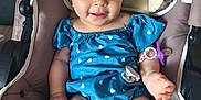 Salomé participe au concours pour gagner de l'argent avec cette photo : baby, child, blue_outfit, headband, stroller, cushion, smile, happy, infant, cute, plush_toys, indoor, person, skin, hand, legs, pacifier, clothing, seat, toy