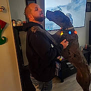 Stormy is registered to the contest to win money with this photo: man, dog, hug, indoor, living_room, television, video_game, holiday_lights, festive, casual_clothing, black_hoodie, jeans, large_dog, spotted_dog, flooring, decorations, cabinet, shelf, joy, affection