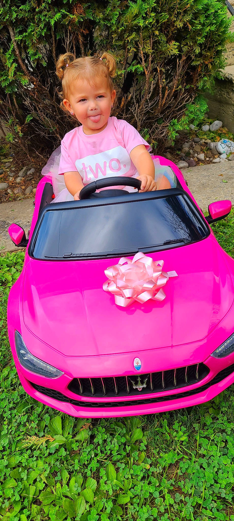 Laylah is registered to the contest to win money with this photo: automotive_design, automotive_exterior, automotive_lighting, blue, car, grass, green, grille, headlamp, hood, light, motor_vehicle, person, photograph, pink, plant, red, vehicle, vehicle_registration_plate, white