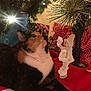 cat, calico_cat, christmas_tree, christmas_lights, ornament, snowman_ornament, presents, gift_wrap, red_tree_skirt, holiday, festive, indoor, pet, animal, fur, whiskers, curious, relaxed, decorations, pine_needles