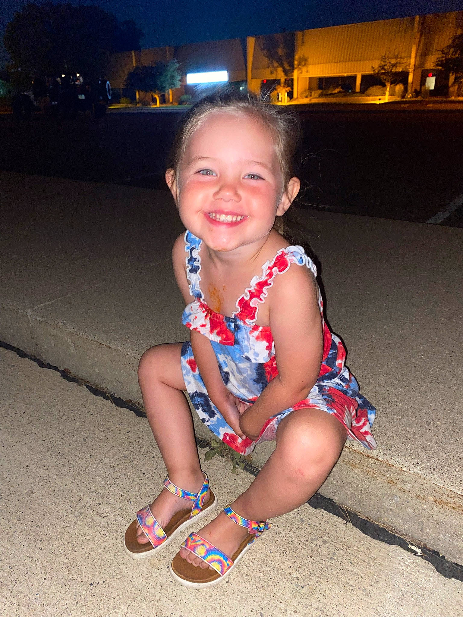 Adalyn is registered to the contest to win money with this photo: barefoot, cool, electric_blue, eye, flash_photography, foot, fun, hairstyle, happy, human_leg, joy, leisure, mouth, person, skin, smile, standing, summer, thigh, toddler