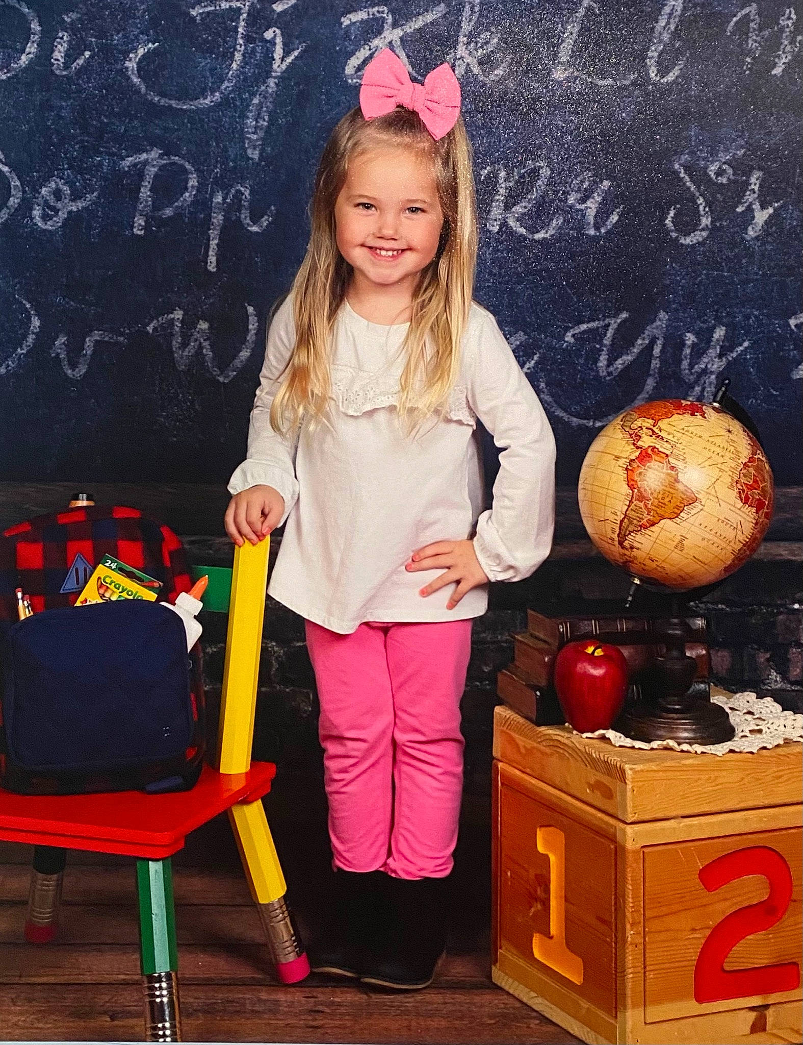 Adalyn joined the competition — help win amazing prizes! baby_toddler_clothing, beauty, blackboard, chair, child, clothing, event, fashion, hair, hairstyle, handwriting, happy, joy, person, product, purple, room, sleeve, smile, standing