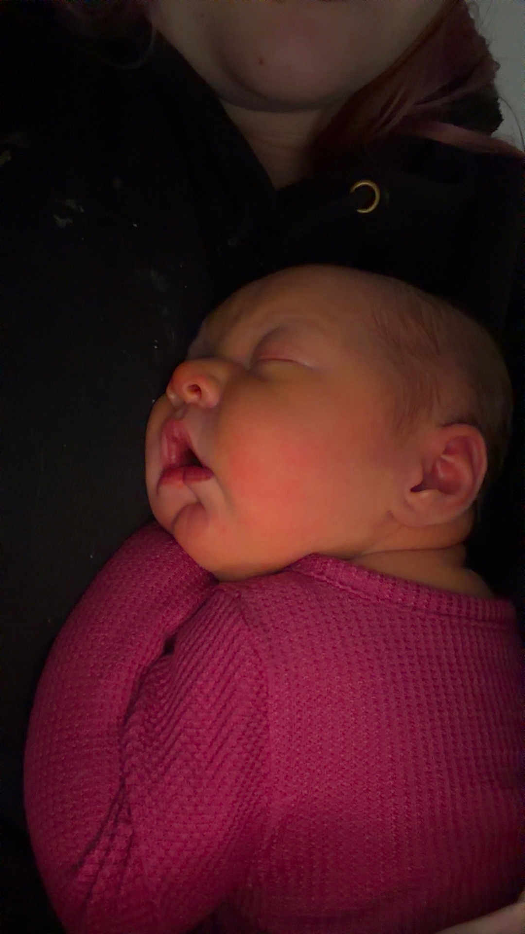 Willow joined the competition — help win amazing prizes! baby, newborn, sleeping, infant, onesie, pink_clothing, close_up, portrait, cheek, peaceful, parent_chest, cuddle, indoor, dim_light, soft_skin, ear, nose, mouth, bedtime, family