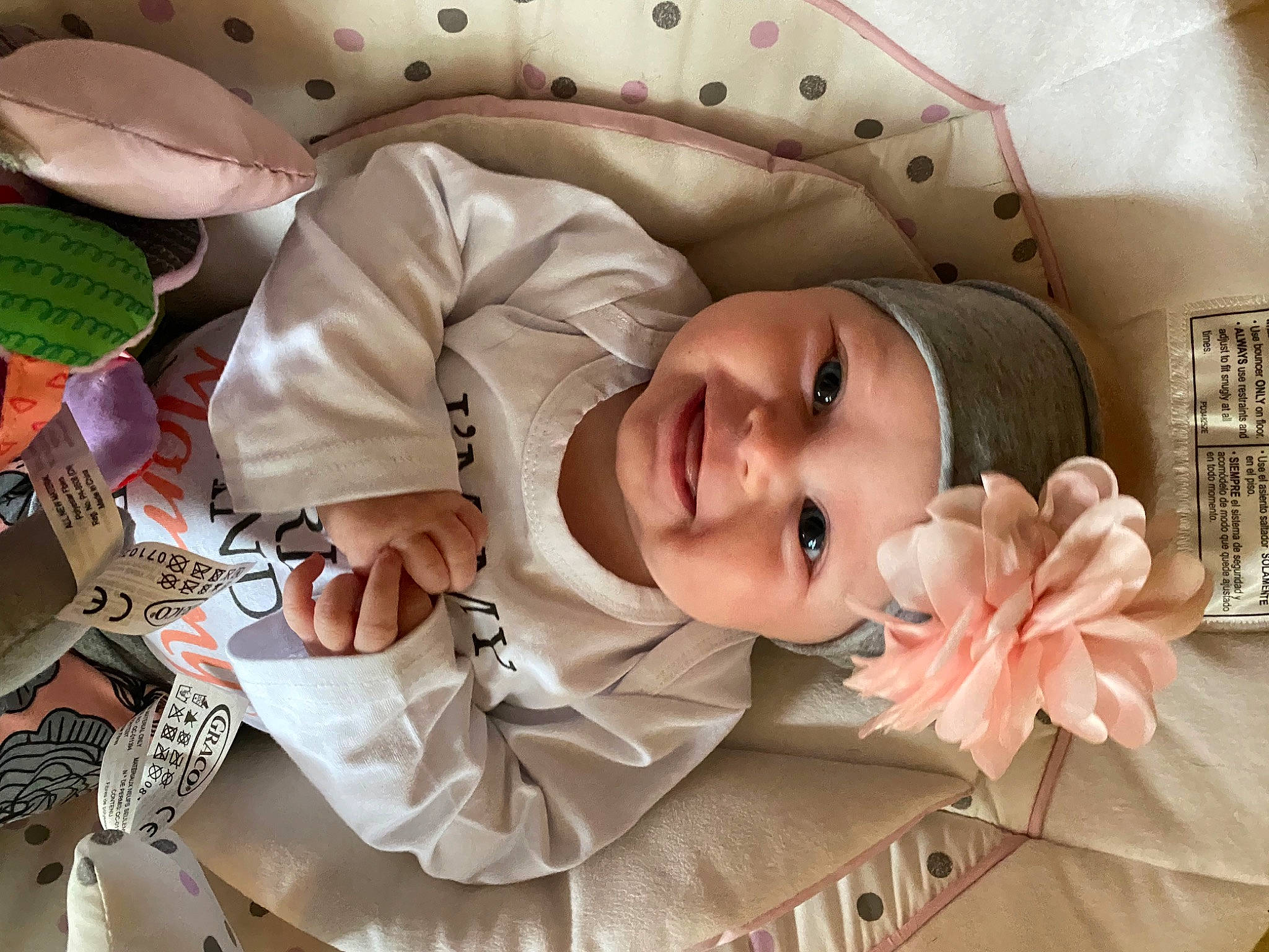 Adalynn is registered to the contest to win money with this photo: baby, baby_toddler_clothing, beauty, cheek, child, comfort, eye, eyelash, facial_expression, hairstyle, happy, headgear, headwear, joy, lip, mouth, person, pink, skin, sleeve