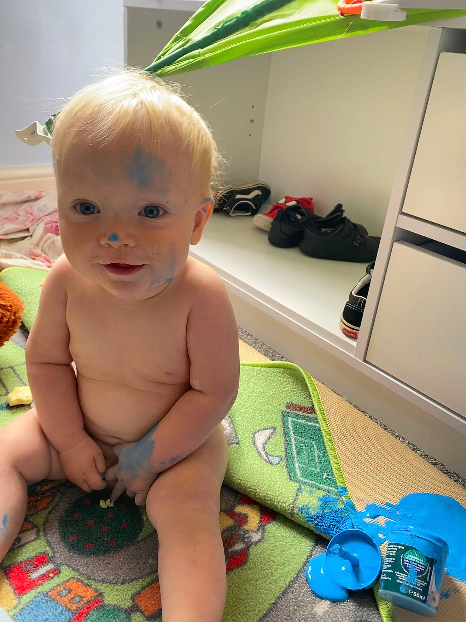 Sonny joined the competition — help win amazing prizes! baby, baby_products, chest, child, floor, flooring, foot, fun, green, happy, human_body, human_leg, iris, mouth, person, skin, smile, thigh, toddler, toy