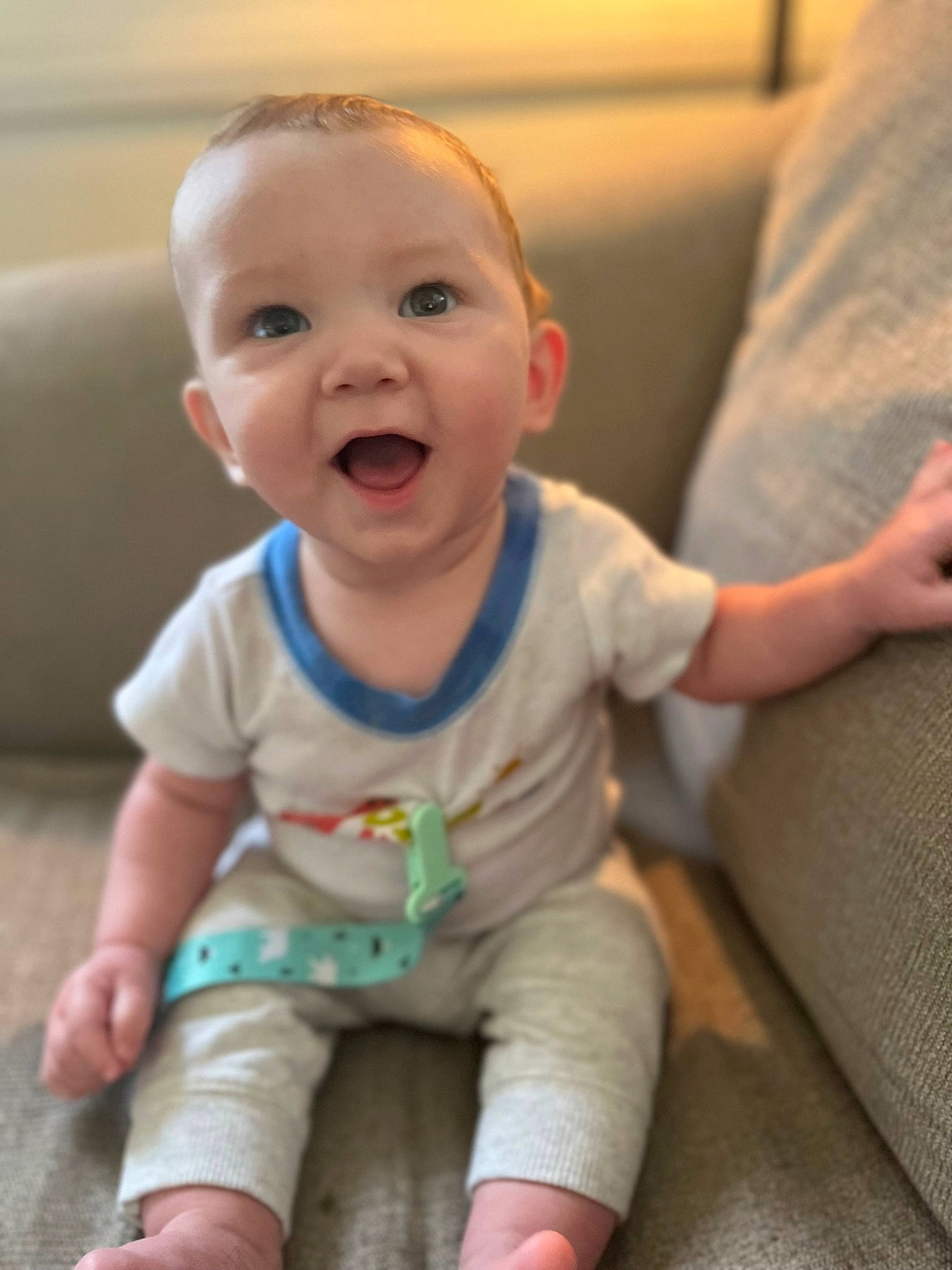 Hudson joined the competition — help win amazing prizes! baby, baby_toddler_clothing, cheek, child, chin, comfort, eye, face, finger, happy, head, human_body, iris, mouth, nose, person, skin, sleeve, smile, surprise