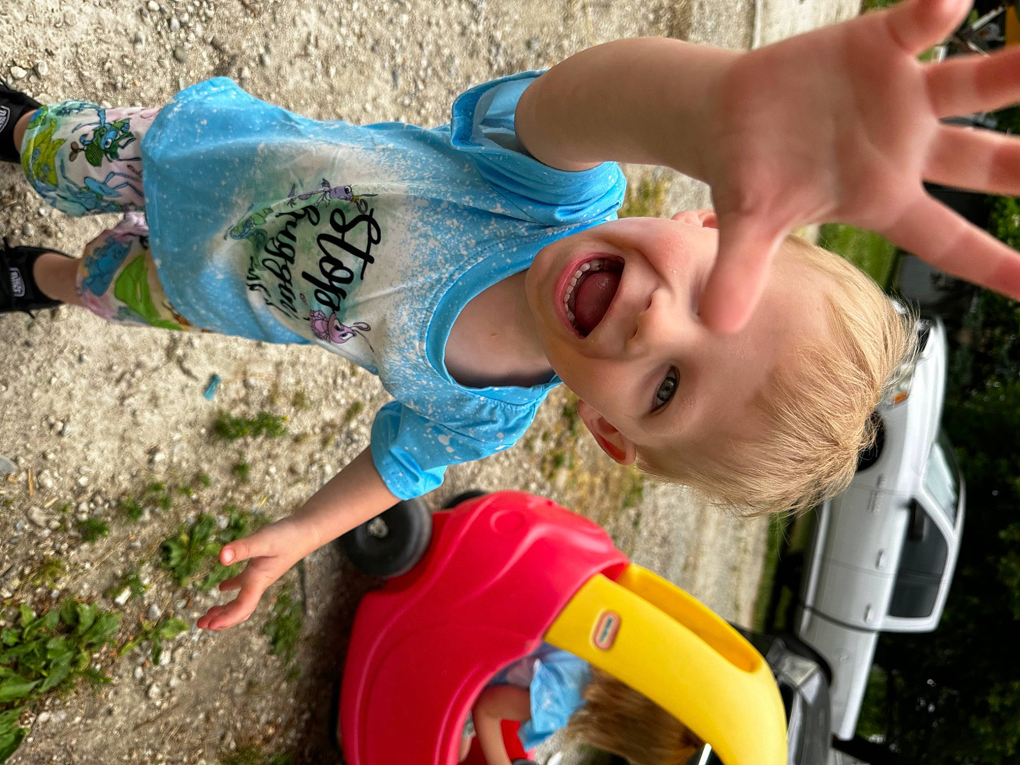Nash joined the competition — help win amazing prizes! baby, car, child, electric_blue, fun, gesture, grass, green, happy, leisure, people_in_nature, person, play, recreation, smile, soil, t_shirt, toddler, tree, vacation
