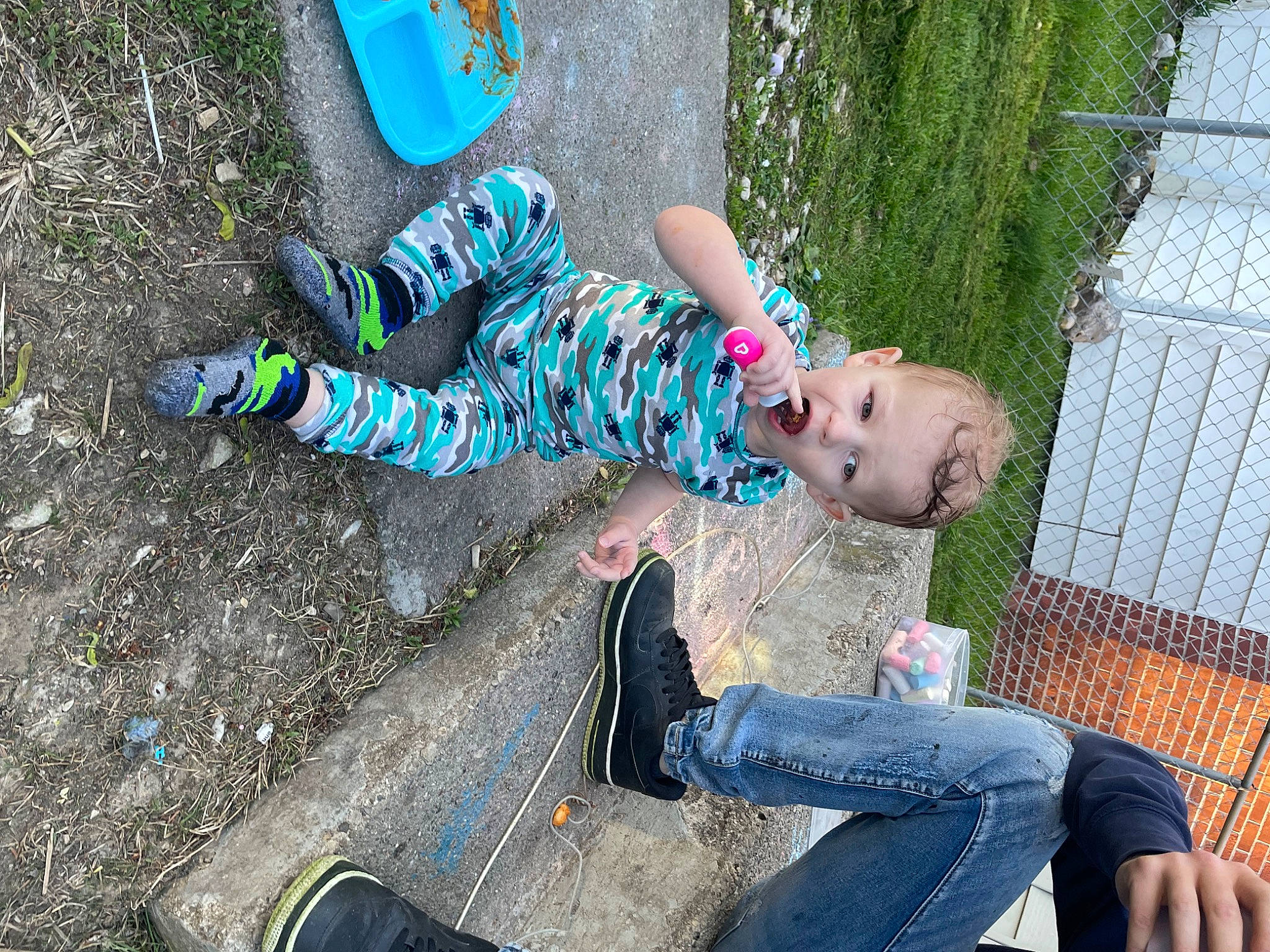 Nash joined the competition — help win amazing prizes! black, blue, electric_blue, footwear, fun, grass, green, jeans, leg, leisure, people_in_nature, person, photograph, plant, recreation, shoe, sneakers, surprise, toddler, tree