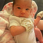 Dena Marie joined the competition — help win amazing prizes! baby, infant, onesie, mittens, blanket, pink, white, soft, cute, newborn, face, arms, legs, skin, person, indoor, candid, portrait, child, cozy