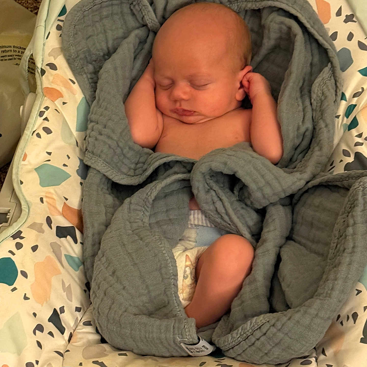 Johnny is registered to the contest to win money with this photo: baby, baby_seat, blanket, child, comfort, cozy, cute, diaper, face, indoors, infant, newborn, patterned_fabric, peaceful, resting, skin, sleeping, small, soft, wrapped