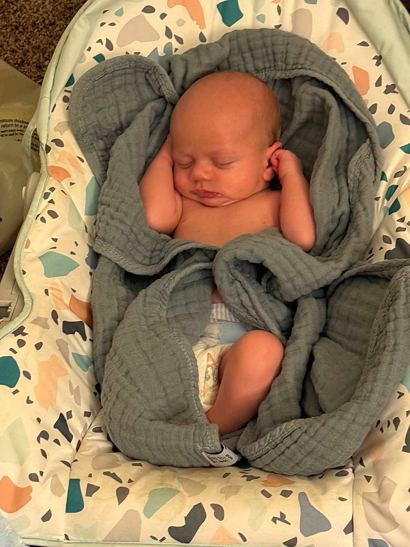 Johnny is registered to the contest to win money with this photo: newborn, baby, sleeping, blanket, diaper, infant, baby_seat, patterned_fabric, cozy, soft, wrapped, peaceful, cute, resting, child, indoors, comfort, small, face, skin